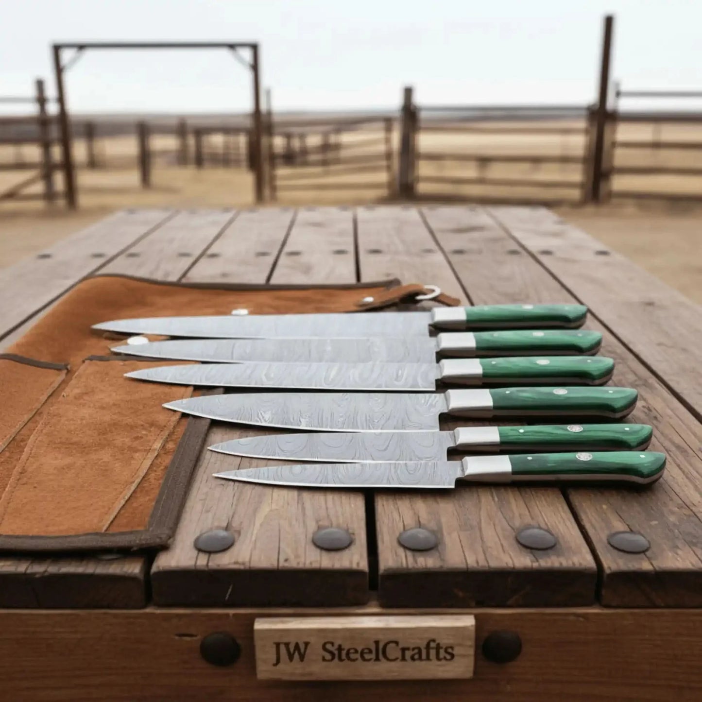 6-Piece Handmade Damascus Steel Kitchen Knife Set, Green Wood Handle, Professional Chef Culinary