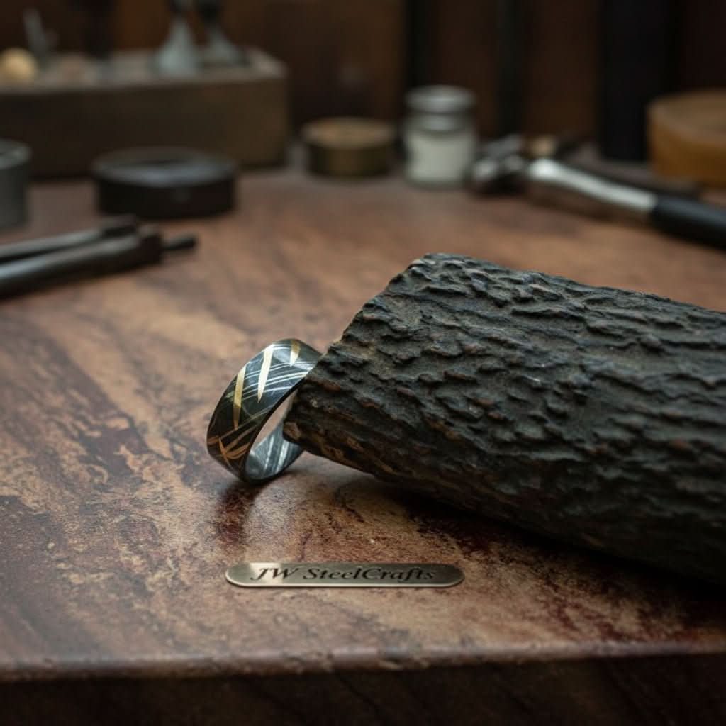 Mens Damascus Steel Wedding Band with Diagonal Brass Inlay Design