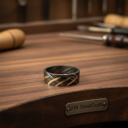 Mens Damascus Steel Wedding Band with Diagonal Brass Inlay Design