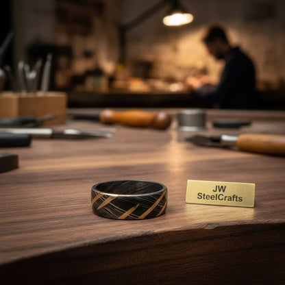 Mens Damascus Steel Wedding Band with Diagonal Brass Inlay Design
