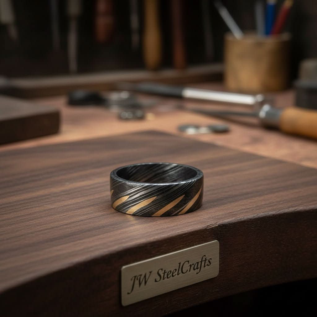 Mens Damascus Steel Wedding Band with Diagonal Brass Inlay Design