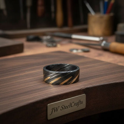 Mens Damascus Steel Wedding Band with Diagonal Brass Inlay Design