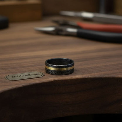 Mens Damascus Steel Wedding Band With Brass Inlay Handmade Ring