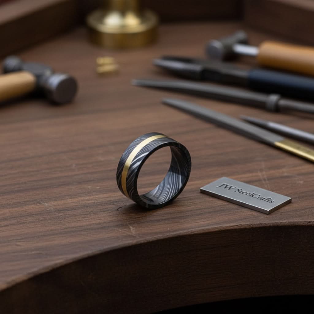 Mens Damascus Steel Wedding Band With Brass Inlay Handmade Ring