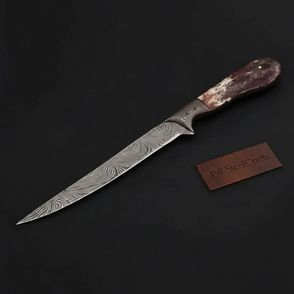 Custom Handmade Damascus Steel Boning Knife With Colour Bone Handle  with Leather Sheath