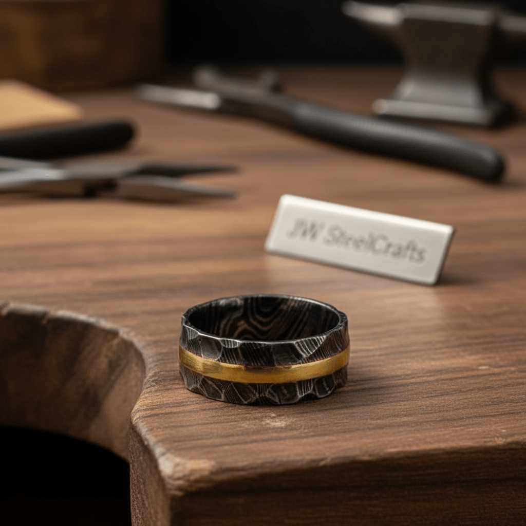 Mens Damascus Steel Wedding Band Hammered Finish with Brass Inlay