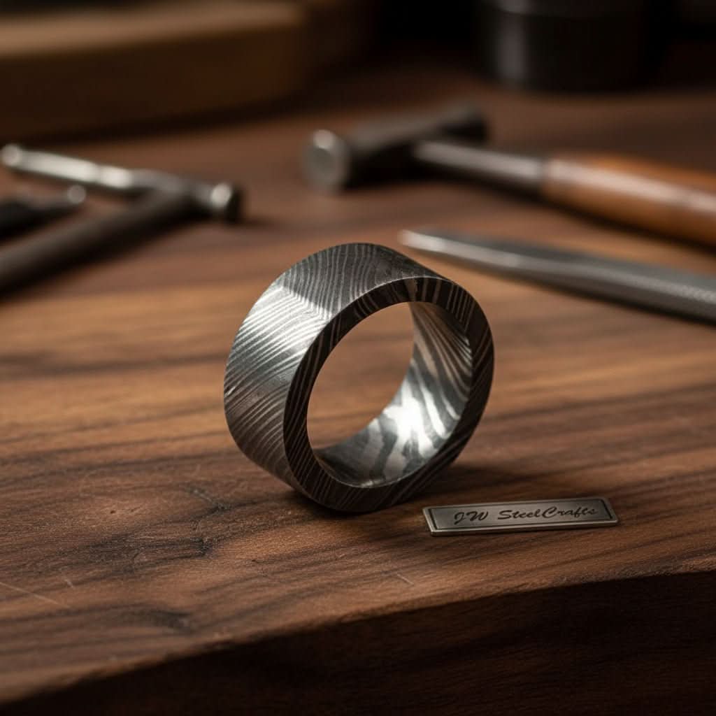 Mens Wide Damascus Steel Wedding Band Thick Handmade Pattern Ring
