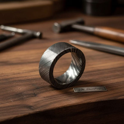Mens Wide Damascus Steel Wedding Band Thick Handmade Pattern Ring