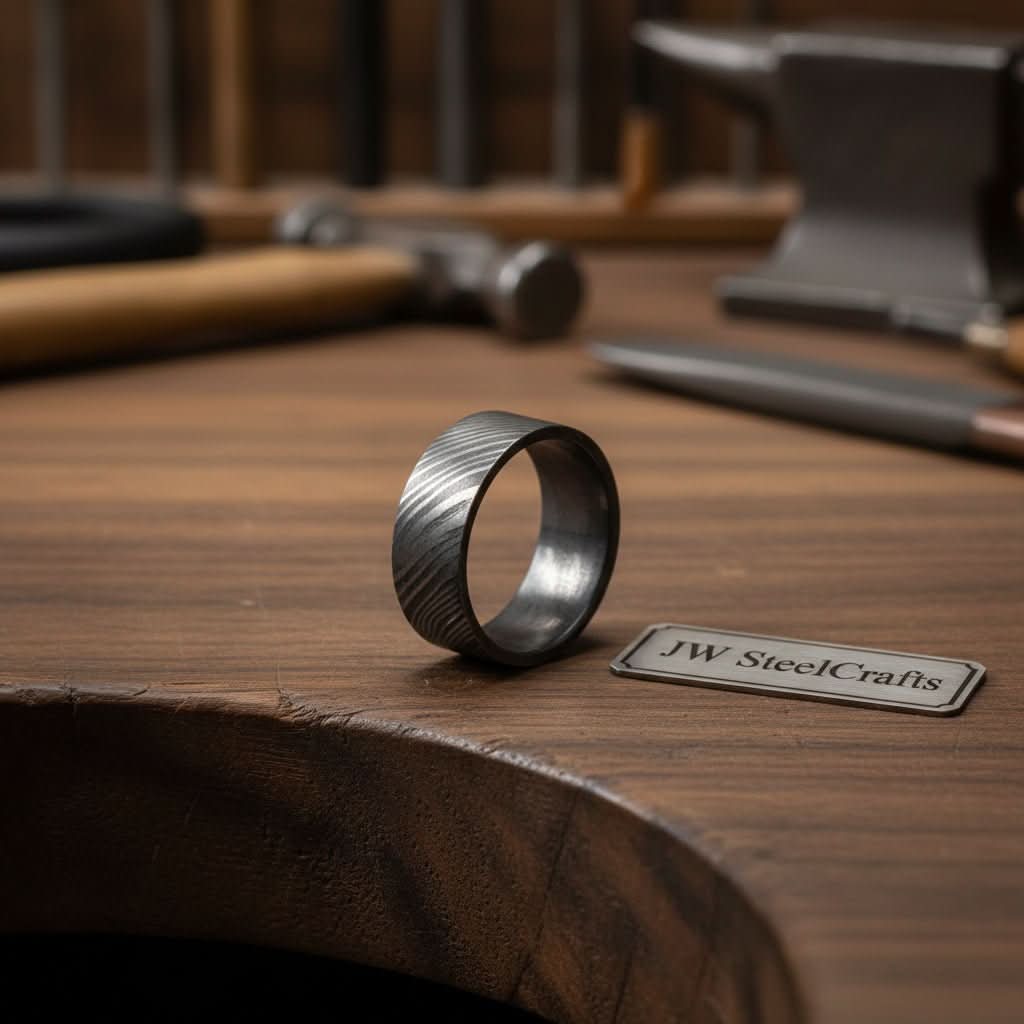 Mens Wide Damascus Steel Wedding Band Thick Handmade Pattern Ring
