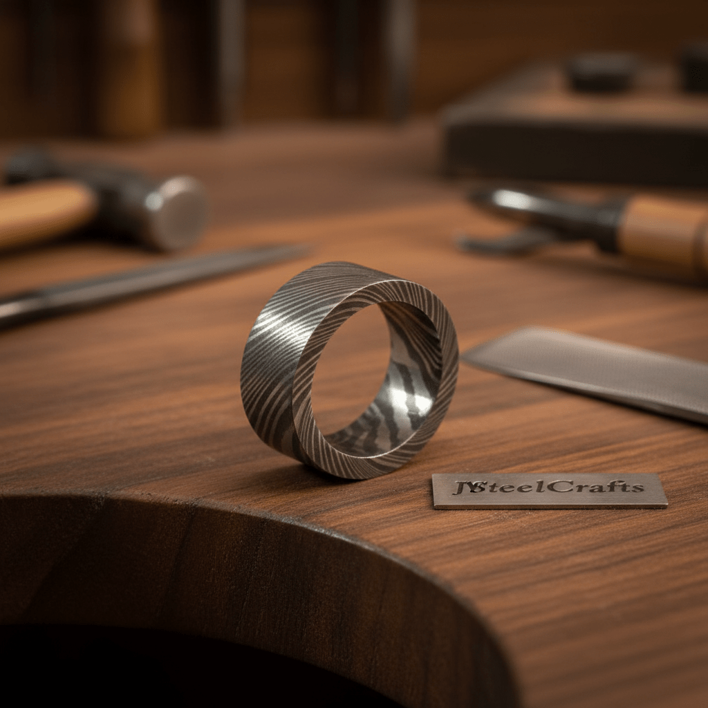 Mens Wide Damascus Steel Wedding Band Thick Handmade Pattern Ring