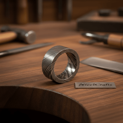 Mens Wide Damascus Steel Wedding Band Thick Handmade Pattern Ring
