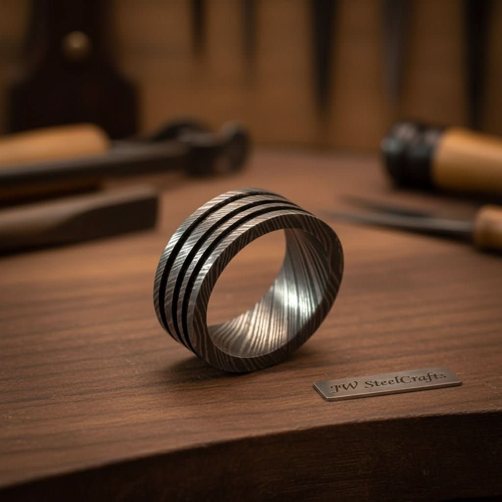 Mens Damascus Steel Wedding Band Wide Triple Groove Pattern Ring