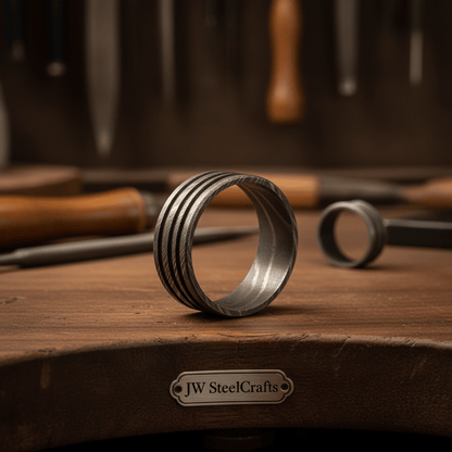 Mens Damascus Steel Wedding Band Wide Triple Groove Pattern Ring
