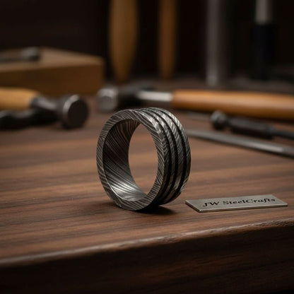 Mens Damascus Steel Wedding Band Wide Multi Groove Pattern Ring