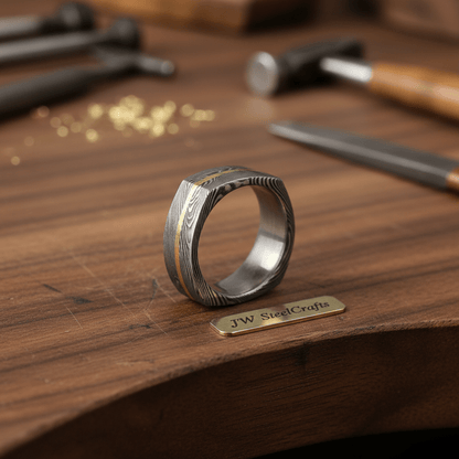 Damascus Steel Wedding Ring Faceted Band with Brass Inlay