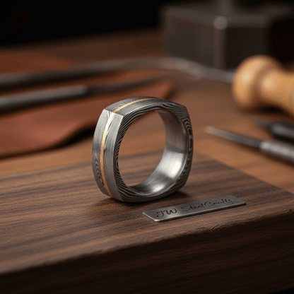 Damascus Steel Wedding Ring Faceted Band with Brass Inlay