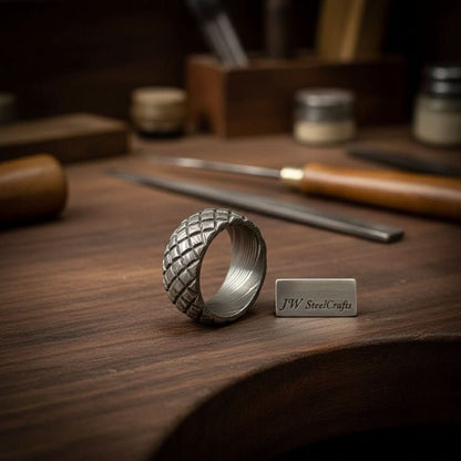 Mens Damascus Steel Wedding Band Basket Weave Pattern Handmade Ring