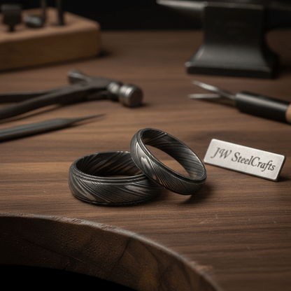 Damascus Steel Wedding Ring Set for Couples Black Pattern Wedding Bands