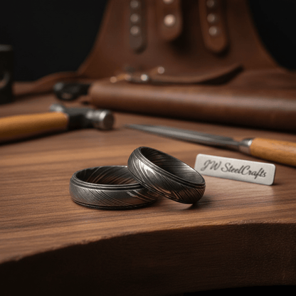 Damascus Steel Wedding Ring Set for Couples Black Pattern Wedding Bands