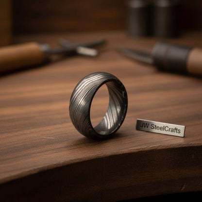 Mens Damascus Steel Wedding Band Classic Domed Comfort Fit Ring