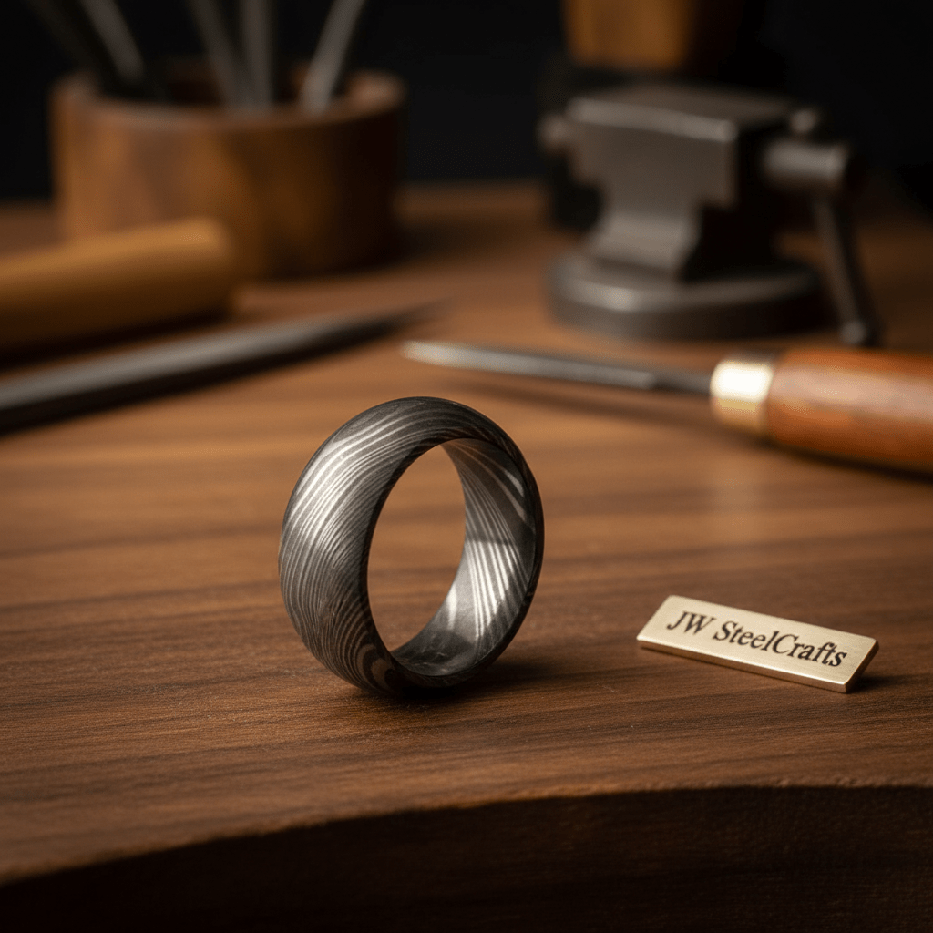 Mens Damascus Steel Wedding Band Classic Domed Comfort Fit Ring