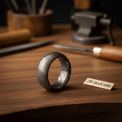 Mens Damascus Steel Wedding Band Classic Domed Comfort Fit Ring