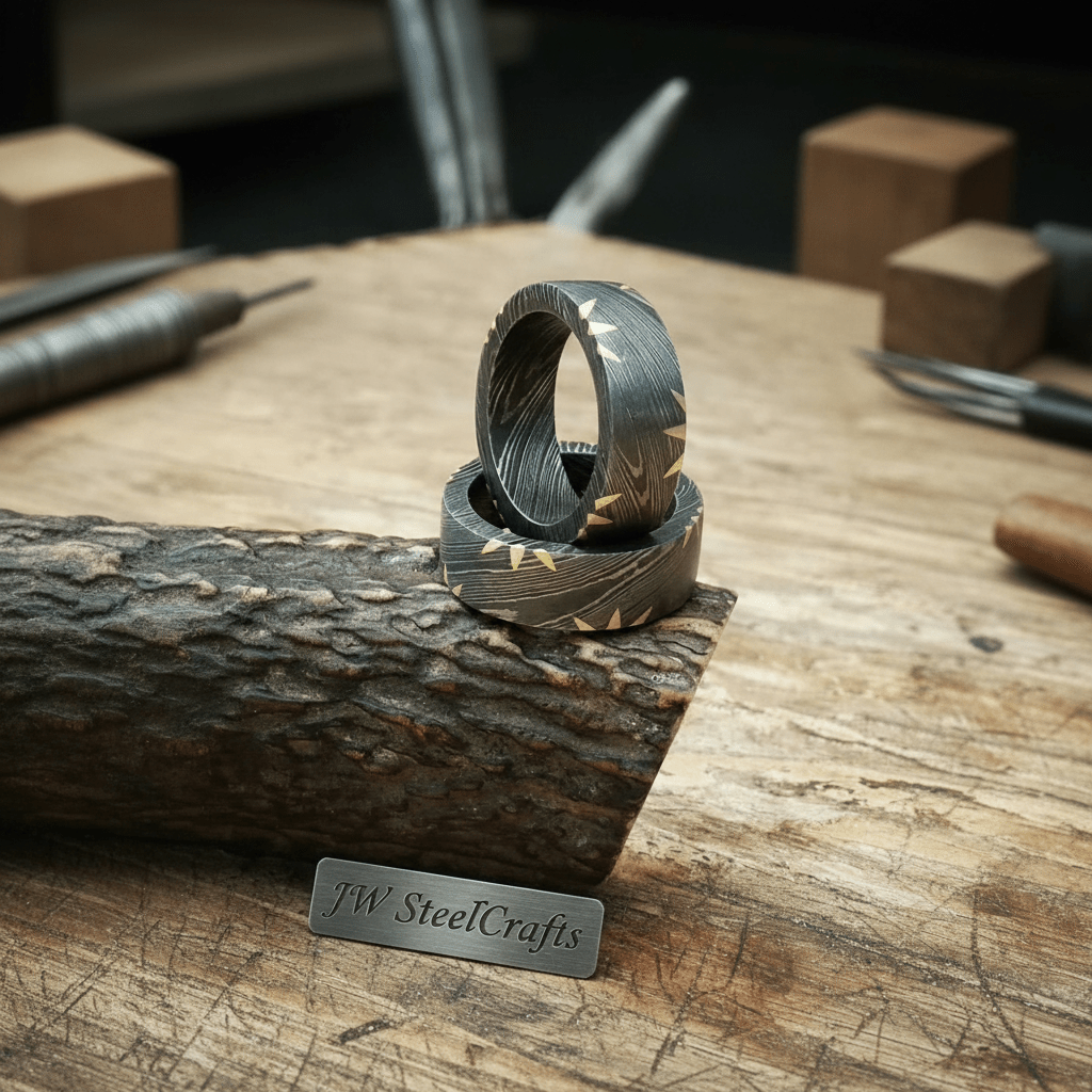Mens Damascus Steel Wedding Band Brass Sunburst Inlay Handmade Ring