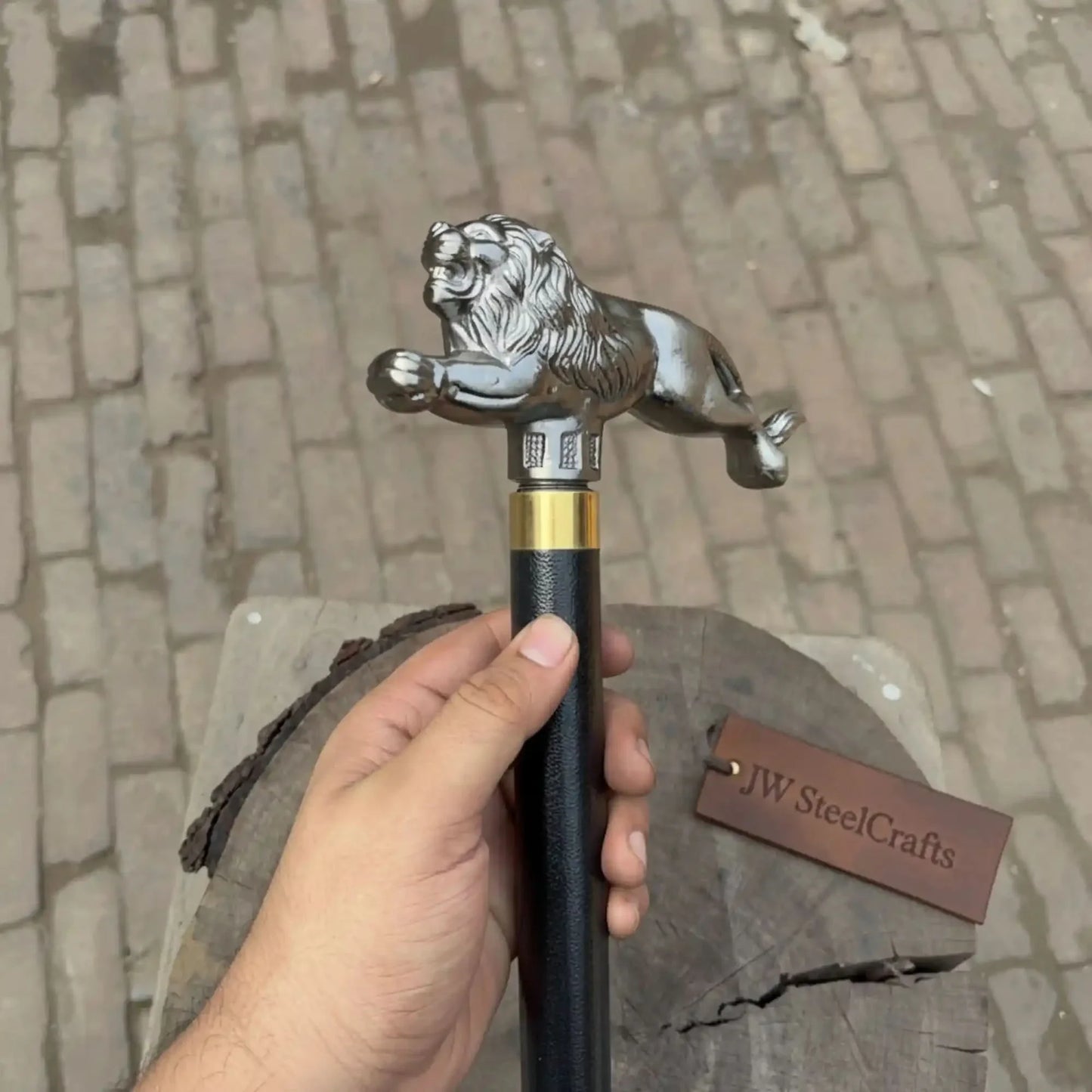 Royal Lion Walking Cane Replica with Decorative Metal Handle for Historical Collection, Costume Events, and Display