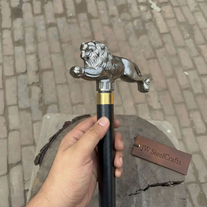 Royal Lion Walking Cane Replica with Decorative Metal Handle for Historical Collection, Costume Events, and Display