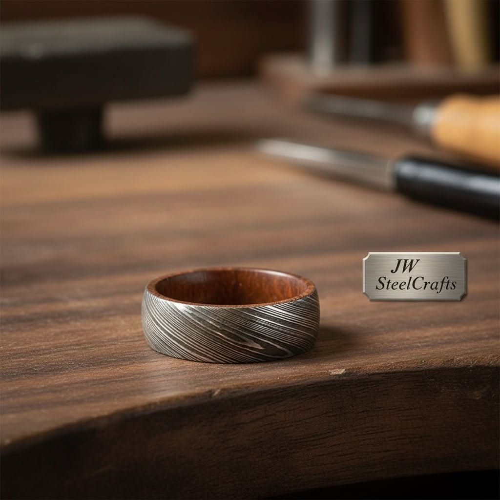 Mens Damascus Steel Wedding Band With Wood Liner Handmade Ring