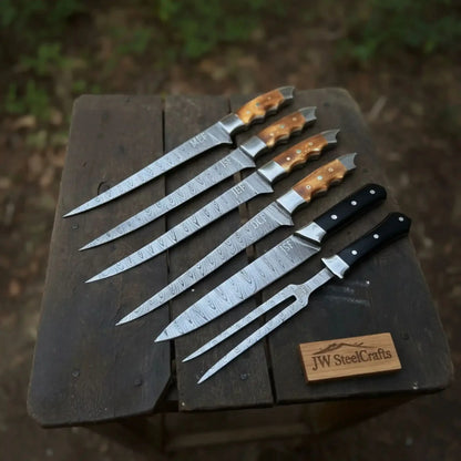 Handmade Damascus Boning & Fillet Knife Set with Black and Orange Resin Handles
