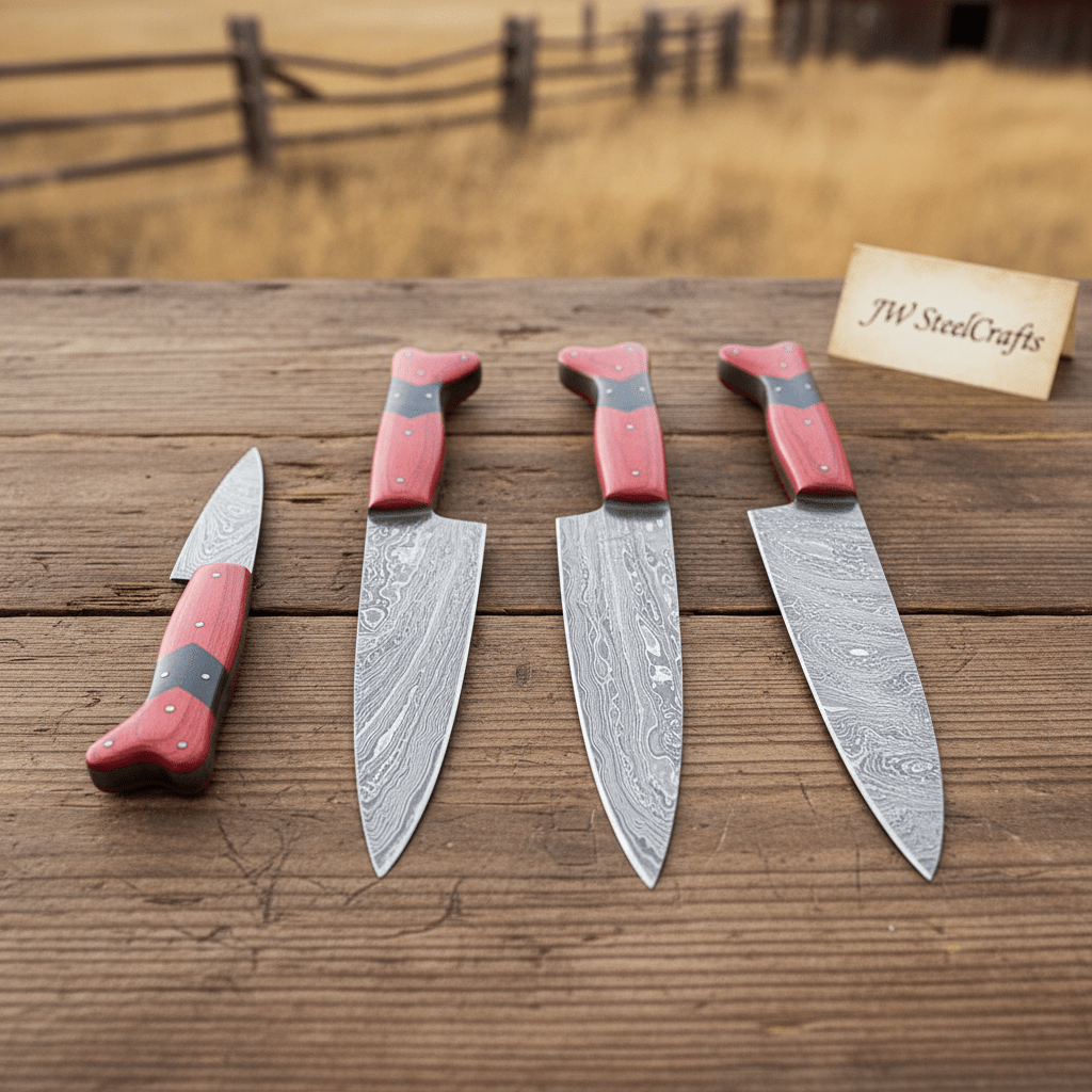 5-Piece Damascus Carving Knife Set Red Pakka Black Resin with Wood Grain Damascus Blades
