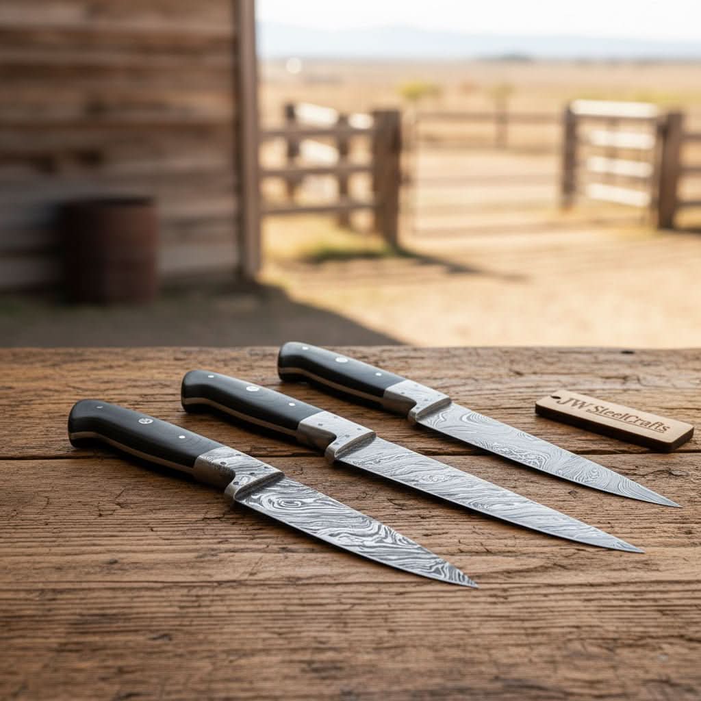3-Piece Damascus Chef Knife Set Black Micarta with Full Tang Blades