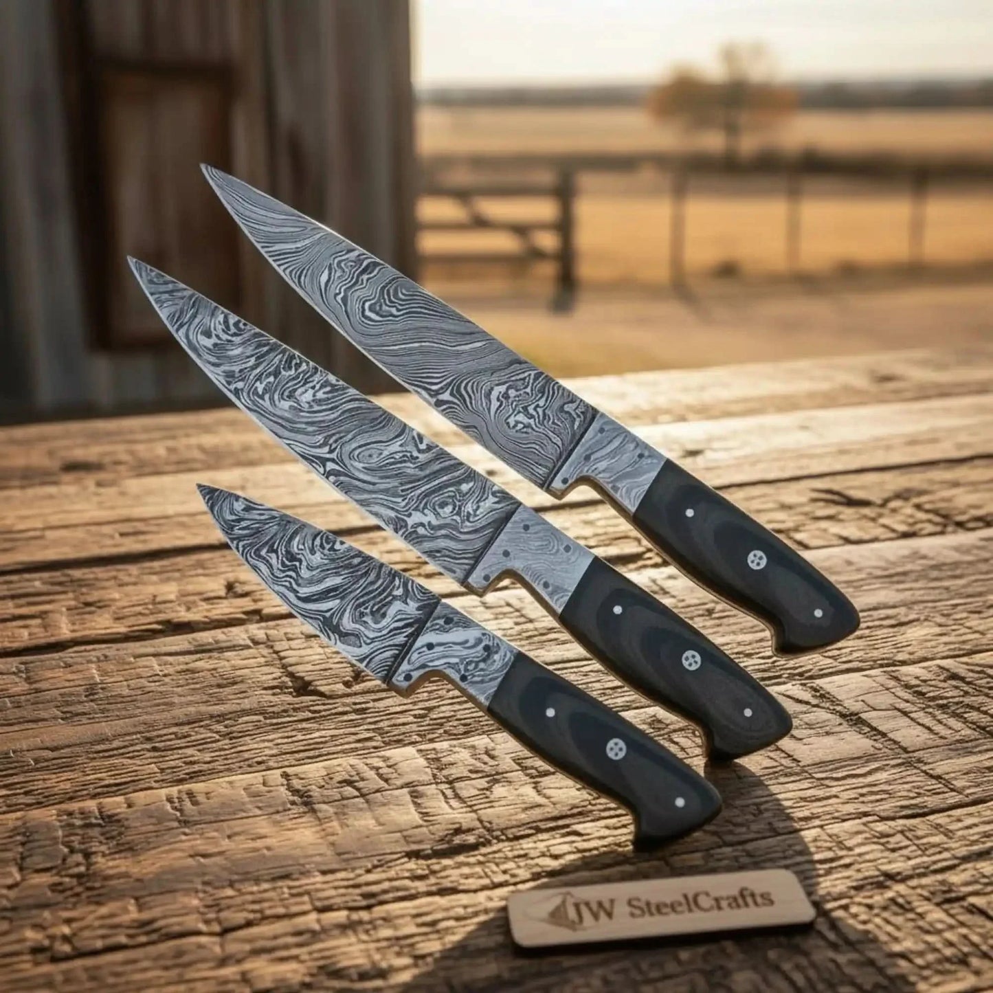 3-Piece Damascus Chef Knife Set Black Micarta with Full Tang Blades