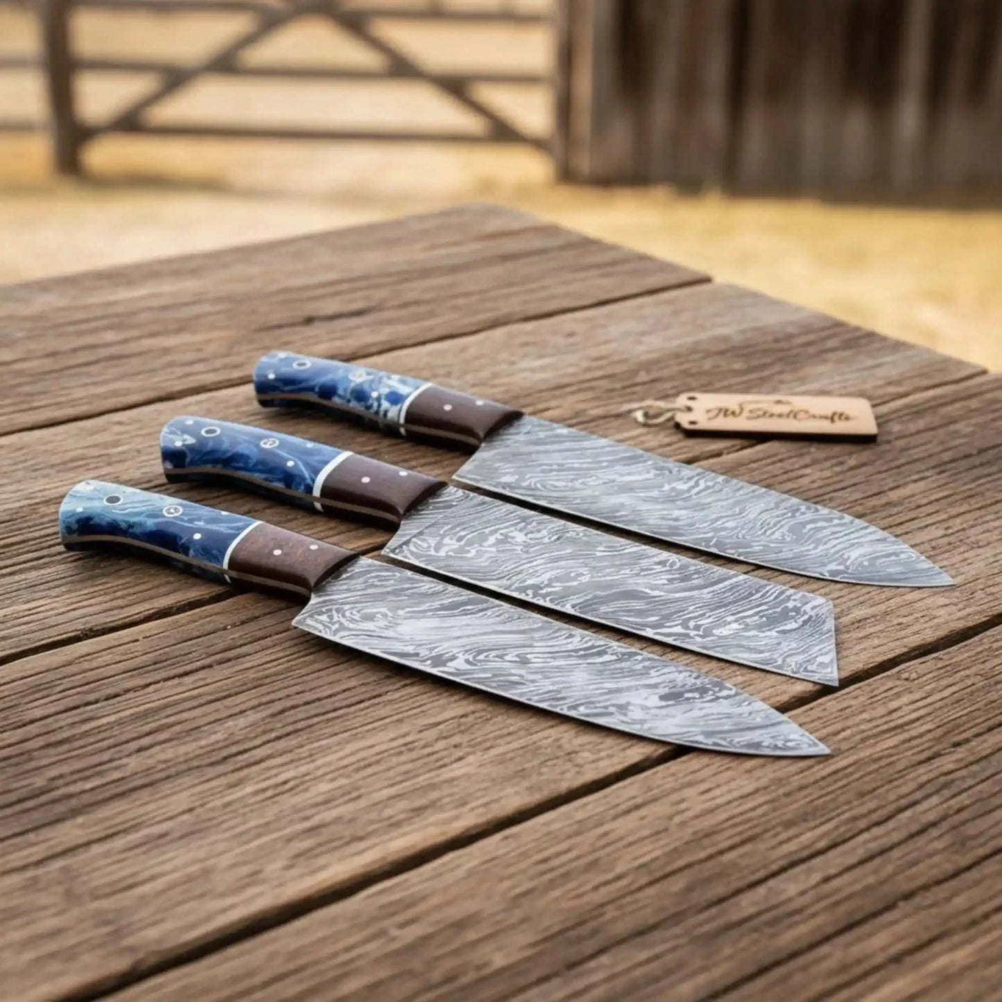 3-Piece Damascus Chef Knife Set Resin Wood Handle with Blue Resin and Rosewood Handles