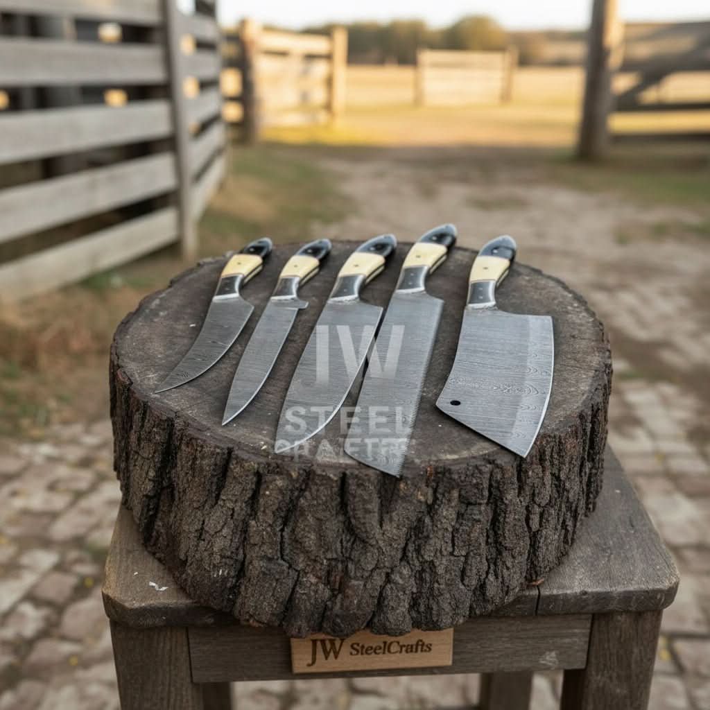 5-Piece Handmade Damascus Chef Knife Set with Wood and Resin Handles