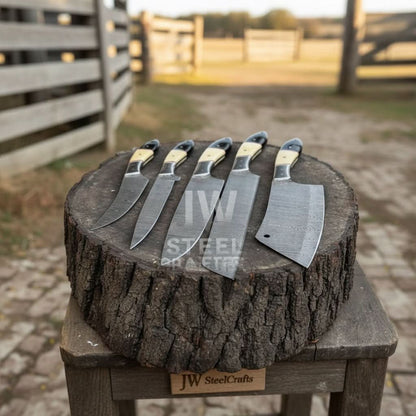 5-Piece Handmade Damascus Chef Knife Set with Wood and Resin Handles