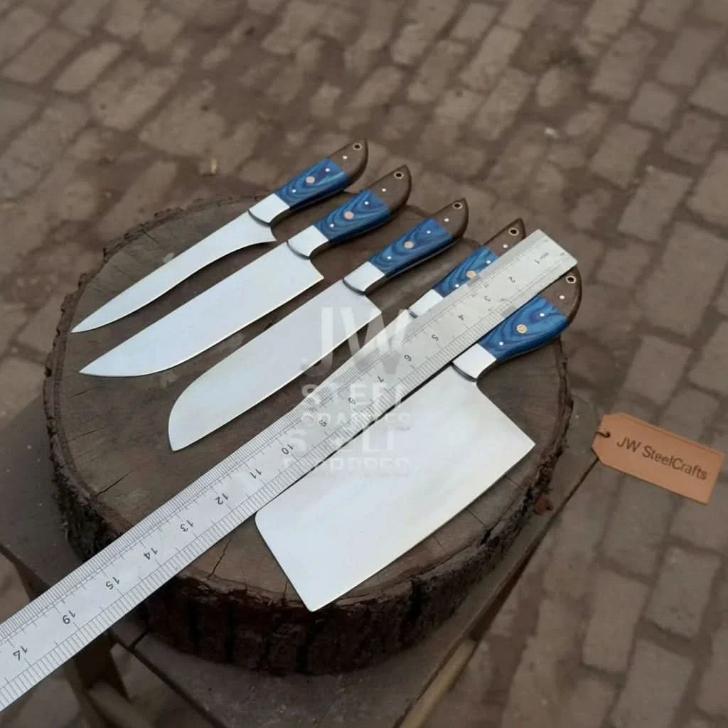 Blue Wood Damascus Chef Knife Set: 5-Piece Handmade Collection