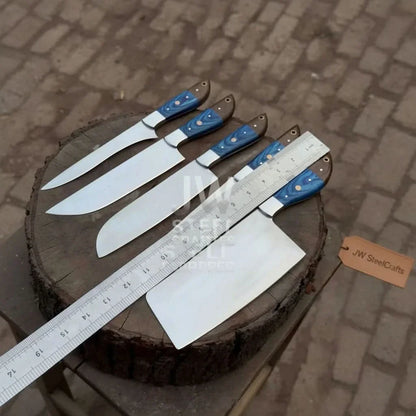 Blue Wood Damascus Chef Knife Set: 5-Piece Handmade Collection