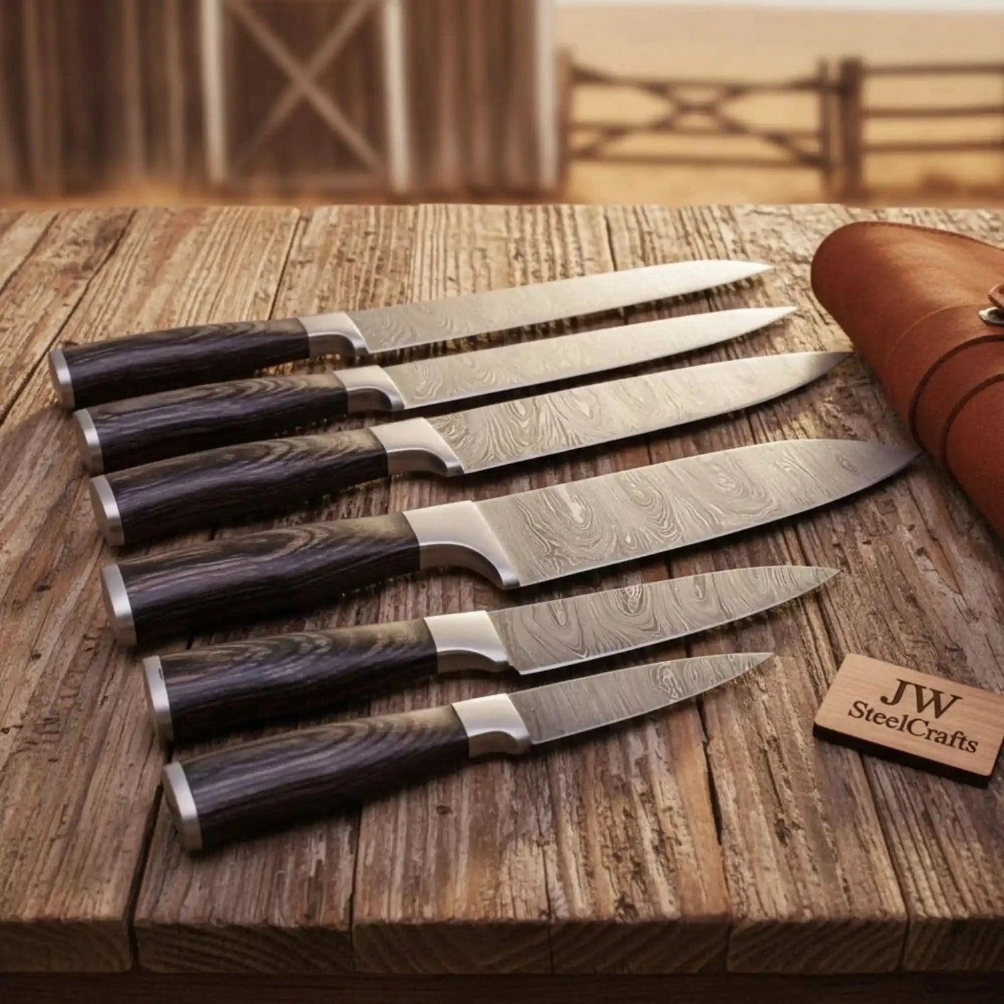 Hand-Forged Damascus Sujihiki Slicer Set — 6 Long Japanese-Style Carving Knives