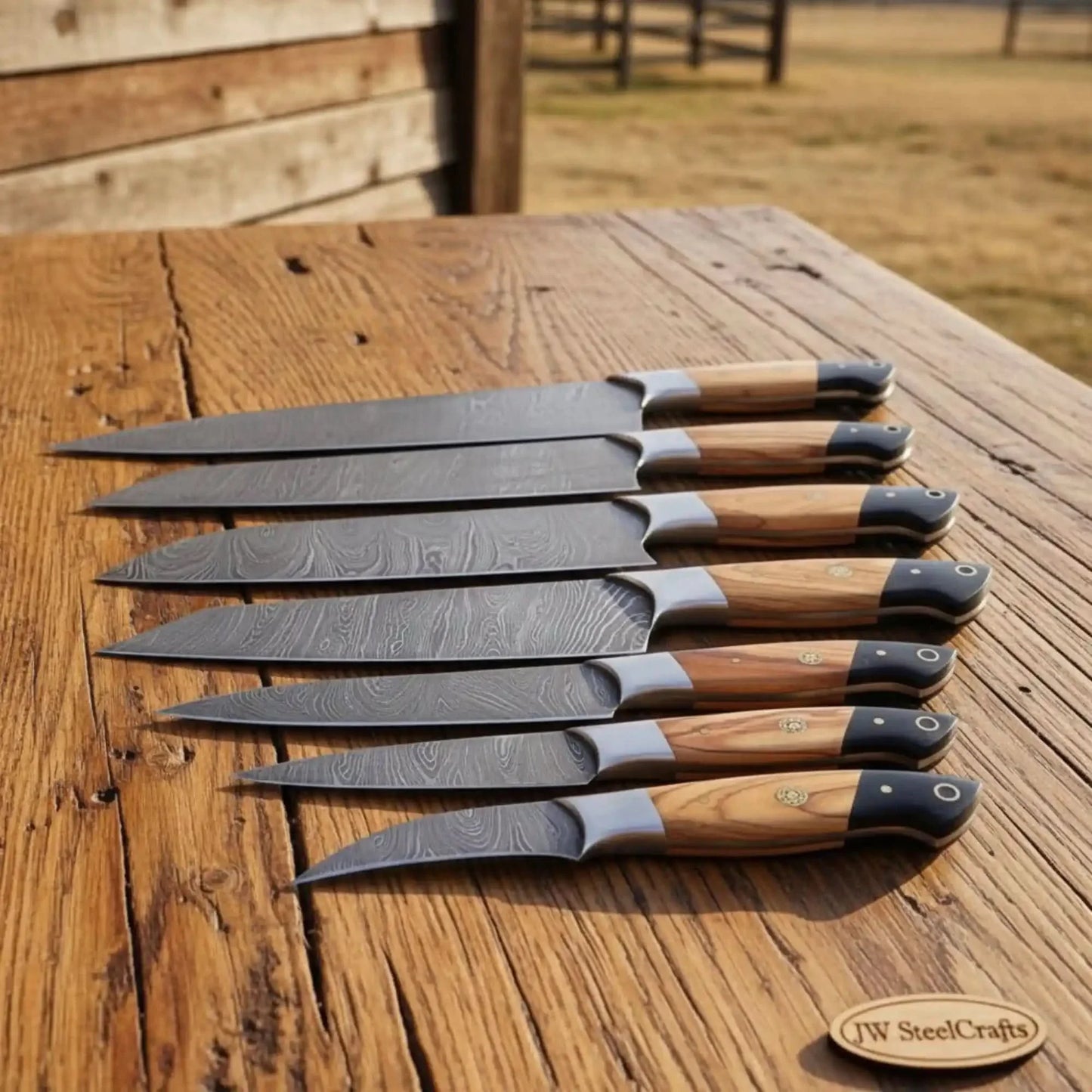 8-Piece Damascus Fillet and Precision Knife Set — Olive Wood and Black Resin Handles