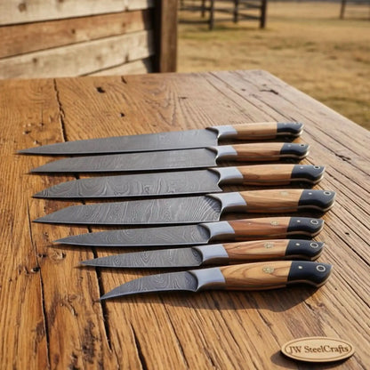 8-Piece Damascus Fillet and Precision Knife Set — Olive Wood and Black Resin Handles