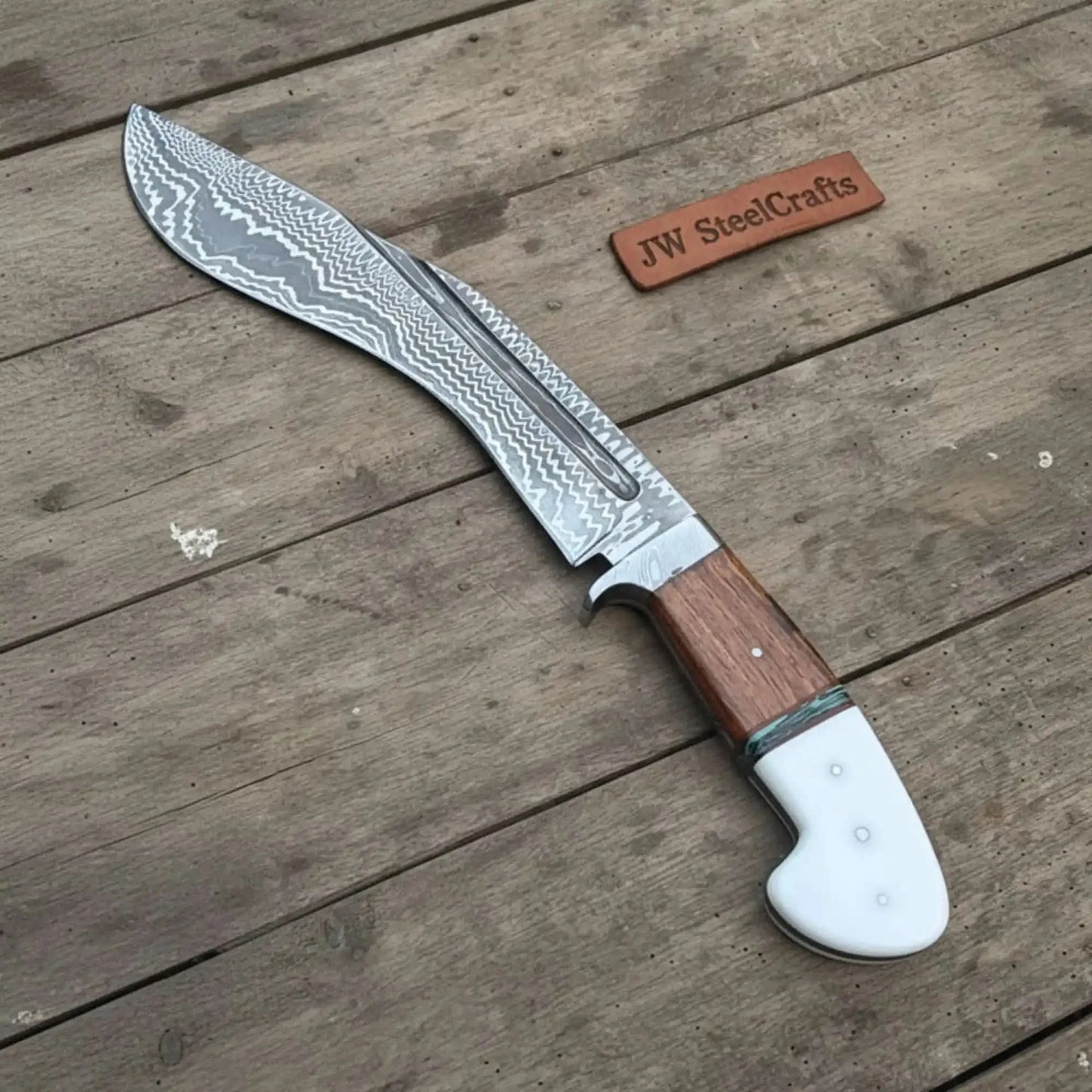 Damascus Gurkha Kukri Knife Handmade 10-Inch Curved Blade with Resin & Wood Handle