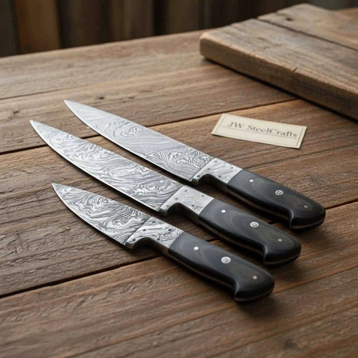 3-Piece Damascus Gyuto Chef Knife Set with Black Pakka Wood Handles