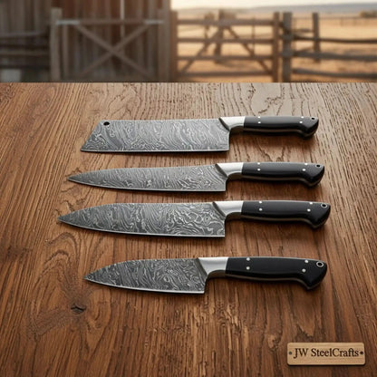 4-Piece Damascus Japanese Knife Quartet with Black Pakka Wood Handles