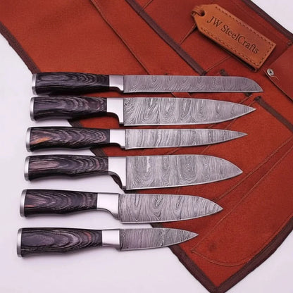 6-Piece Damascus Kitchen Knife Set — Black Wood Handles, Steel Bolsters, Bread, Slicer, Chef, Santoku, Utility & Paring with Leather Roll