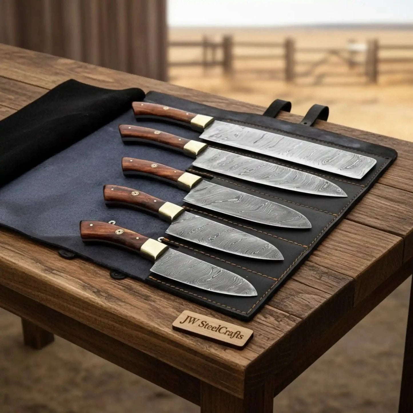 5-Piece Damascus Kitchen Knife Set Pakka Wood Leather Roll with Wood Grain Blades