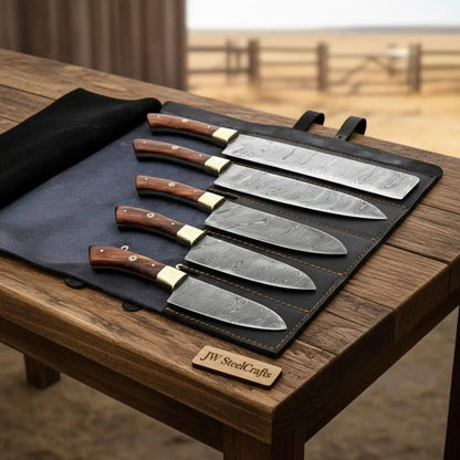 5-Piece Damascus Kitchen Knife Set Pakka Wood Leather Roll with Wood Grain Blades
