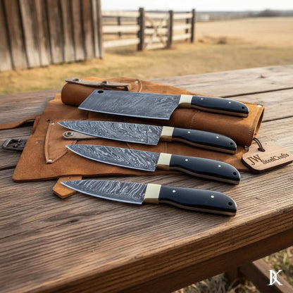4-Piece Damascus Kitchen Knife Set — Bread, Chef, Utility & Paring with Black Resin Handles, Brass Bolsters & Leather Roll