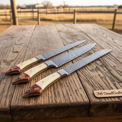 5-Piece Damascus Knife Set Bone and Wood Handle — Feather Damascus Blades
